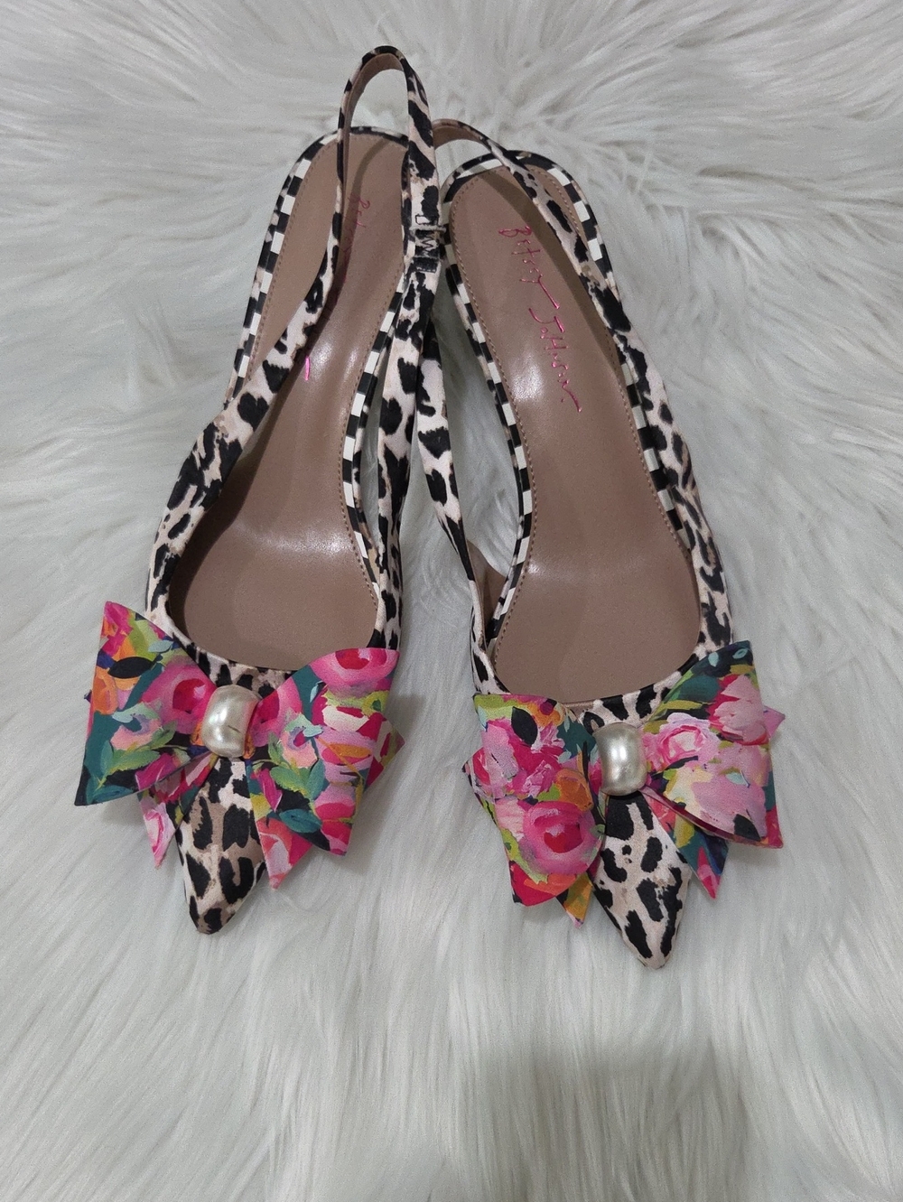 Betsey Johnson "Claira" Pink & Black Floral Bow Leopard Slingback Pumps